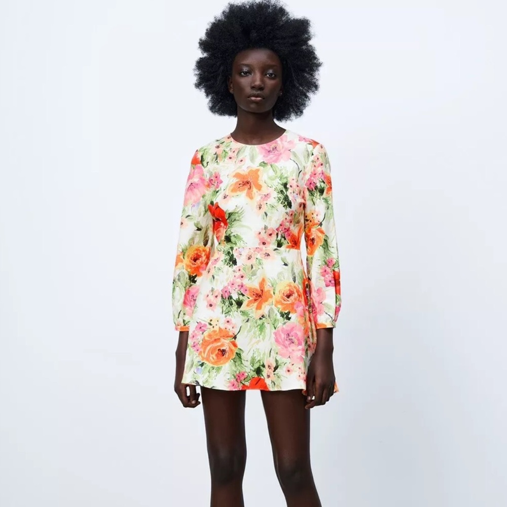 ZARA The Naya Floral Print Open Back Cocktail Linen Dress Size M
